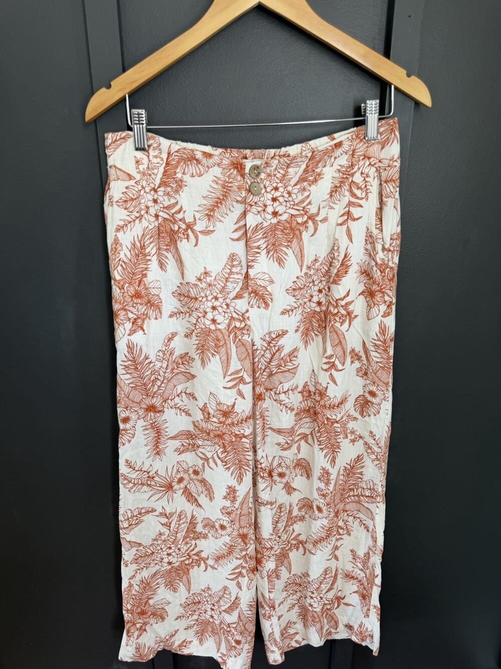 Haven + Blair London Orange Palm Leaf Print Wide Leg Linen Blend Pants Medium